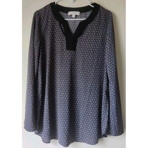 Weekend By Suzanne Paisley V-Neck‎ Womens Blouse Tunic Top Size Large Black/Blue